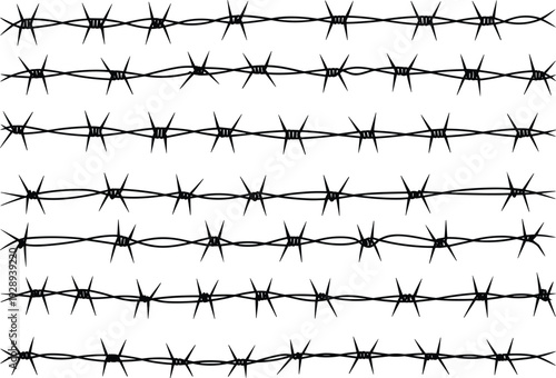 Barbed wire border collection with twisted metal strands and sharp spikes black silhouette vector set for security fence and warning design
