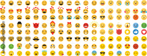 Large Collection of Modern Yellow Emoji Face Icons Set with Diverse Expressions