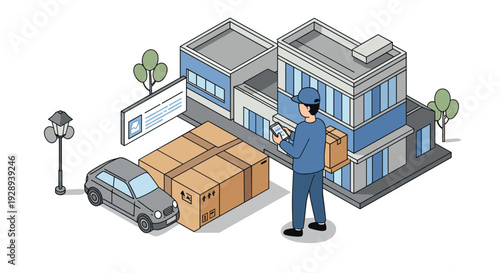 isometric delivery man holding package and digital device near car and modern building in hand drawn style