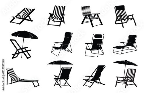 Beach chair and sun umbrella silhouettes collection isolated on white background, folding deck chairs and outdoor furniture vector illustration set