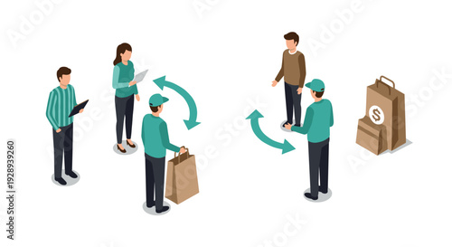 isometric delivery and customer exchange process with hand drawn people and arrows for business and ecommerce concept