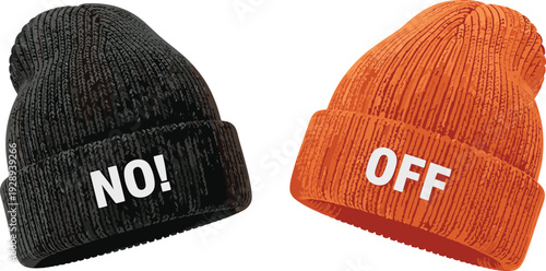 Black and orange knitted beanies with bold no and off text winter hat toggle concept warm ribbed cuffed caps isolated vector illustration