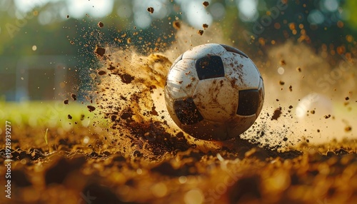 Soccer ball impact on dirt field with dynamic splash effect.