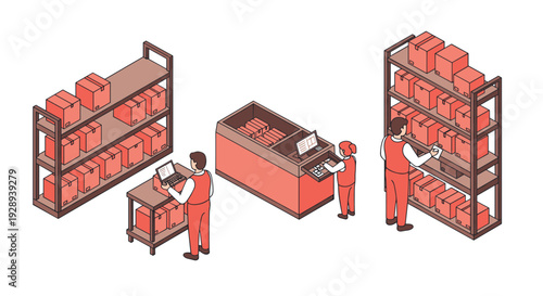 warehouse workers handling inventory shelves and packing station isometric illustration