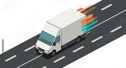 isometric white delivery truck moving fast with colorful speed lines on road digital illustration