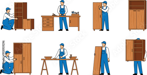 Carpenter Assembling Wooden Furniture Cabinets and Doors Professional Worker Vector Illustration Set Isolated on White Background