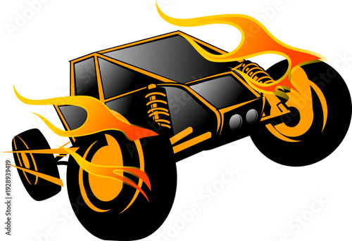 This dynamic black off-road racing buggy with vibrant orange flames is depicted jumping and ready for extreme action sports.