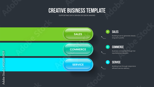 Sales Plan Three Step Diagram Slide Layout. Consulting Report Slideshow Template Vector Illustration. Product Development 3 Option Infographic Presentation Design.