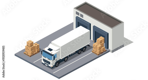 white delivery truck loading and unloading cardboard boxes at warehouse dock in isometric style