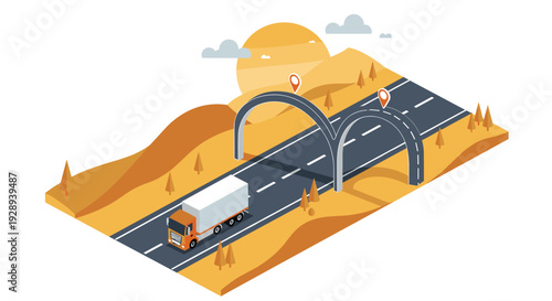 isometric cargo truck on highway with curved road overpasses and location markers in autumn landscape illustration