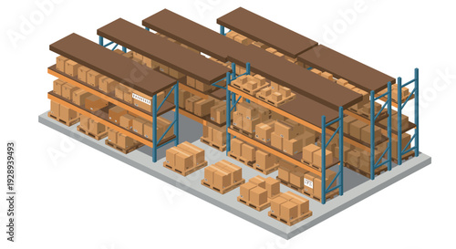 isometric warehouse storage shelves with stacked cardboard boxes and pallets hand drawn illustration