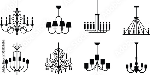 Black vector illustration set of eight chandelier silhouettes in diverse modern and classical styles, arranged in rows for interior design, decoration, and artistic inspiration.