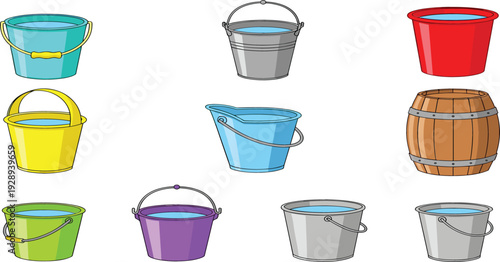 Colorful Water Buckets and Wooden Barrel Collection Plastic and Metal Pails Vector Illustration Set Isolated on White Background
