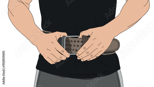 man fastening hand drawn belt illustration with casual clothing closeup