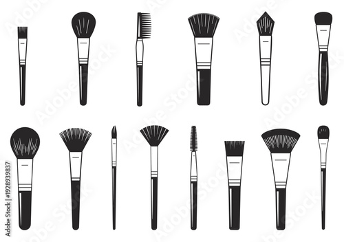 Black vector illustration set of fourteen makeup brushes and applicators in diverse shapes, including angled, fan, flat, and rounded designs for cosmetic artwork.
