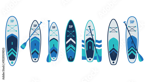 set of seven paddle boards with paddles in flat hand drawn style for water sports and outdoors