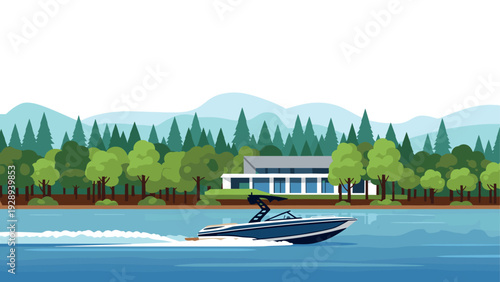 speedboat cruising on lake with modern house and forest landscape background flat vector