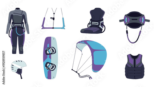 kitesurfing gear set hand drawn collection including wetsuit helmet kiteboard harness control bar kite and life vest