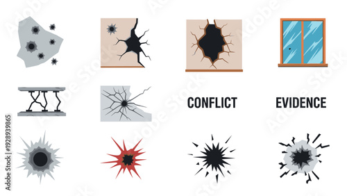 set of damaged cracked wall bullet hole and shattered window illustrations for conflict and evidence concepts