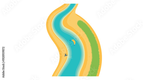 aerial view of kite surfer on a curved river with sandy and grassy banks flat design