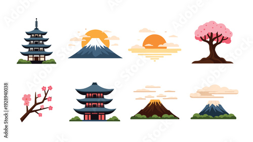 set of hand drawn japanese cultural icons including temples mountains cherry blossom and sunset illustrations