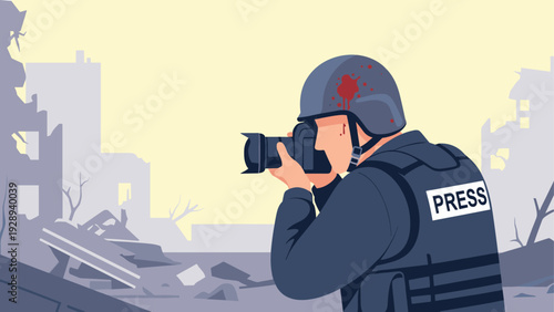 war photographer wearing protective gear with camera in hand drawn style capturing conflict scene
