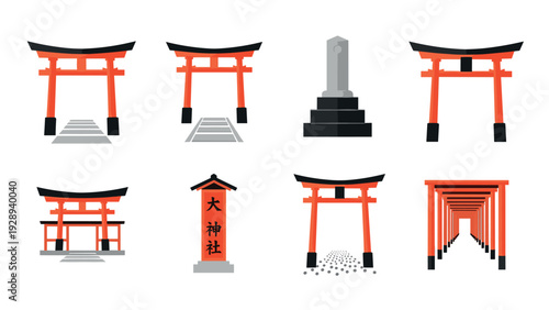 set of hand drawn red torii gates with black top and base with stone path and shrine elements