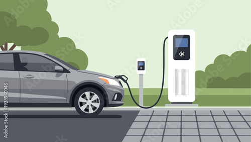 electric car charging at modern electric vehicle charging station flat vector illustration