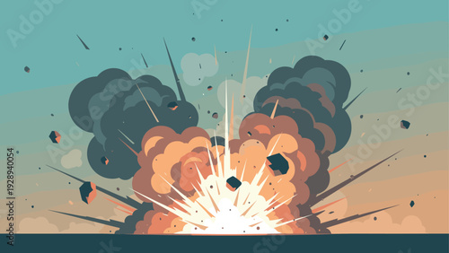 colorful explosion blast with smoke and debris in flat style illustration