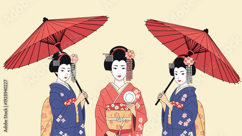 three traditional Japanese geisha in colorful kimonos holding red umbrellas hand drawn illustration