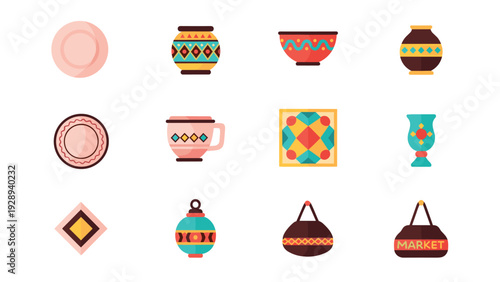 colorful hand drawn pottery and ceramic tableware icons set with decorative patterns