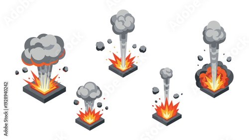explosion effects set with fire smoke and debris in isometric hand drawn style