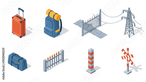 isometric travel luggage and security fence elements set in flat design for travel and infrastructure concept