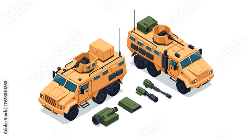 isometric armored military vehicle set with weapons and modular parts in vector style