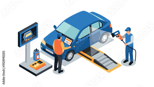 isometric car wheel alignment service with technician using wheel alignment tool and computer in automotive repair shop