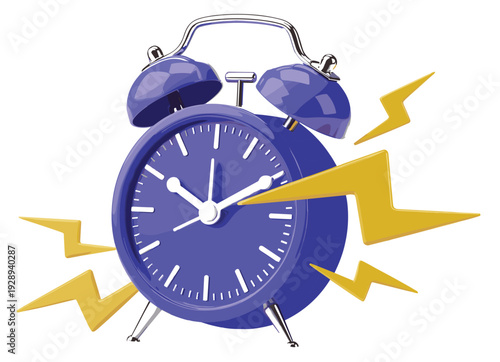 Blue alarm clock ringing with lightning bolts wake up time concept morning alert notification reminder urgency schedule deadline vector illustration