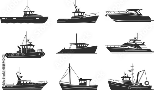 Boat and yacht silhouettes collection isolated on white background, fishing boats, tugboats and luxury motor yachts black vector illustration set