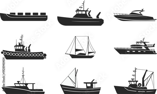 Boat and ship silhouettes collection isolated on white background, cargo vessel, yacht, sailboat and fishing trawler vector illustration set