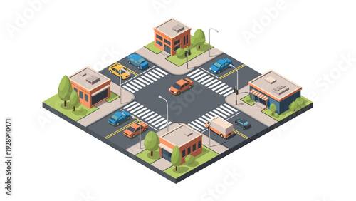 isometric city street intersection with cars buildings trees and crosswalks in flat vector style