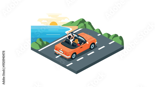 couple driving red convertible car on coastal road with sunset isometric illustration