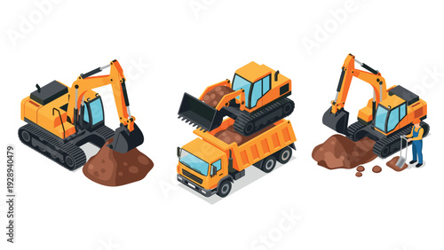 isometric construction excavators and dump truck with worker hand drawn illustration for building and mining set