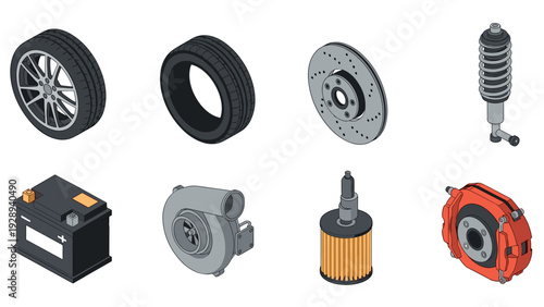 isometric car parts set with tire battery turbocharger filter and brake system in hand drawn style