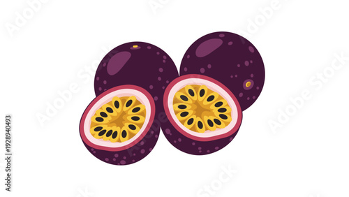 passion fruit whole and halved hand drawn vector illustration for food and tropical fruit design