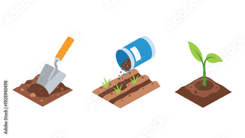 set of gardening stages with hand tools soil preparation seed sowing and plant growth illustrations
