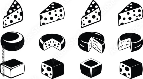Cheese slices and wheels silhouettes collection isolated on white background, black and white dairy food vector illustration set with different cheese types