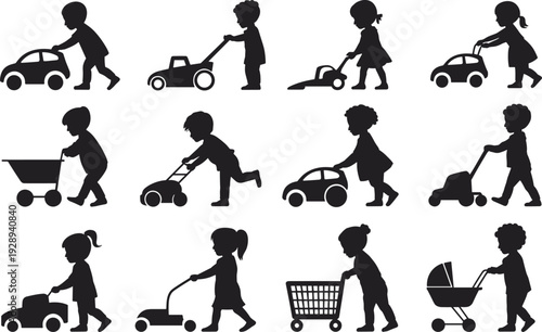 Collection of children silhouettes pushing toy cars, lawn mowers, strollers and shopping carts isolated on white background, playful kids activity vector set