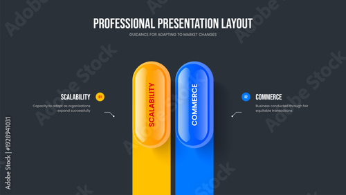 Market Growth Slide Design Vector Illustration. Enterprise Strategy 2 Option Diagram Slideshow Layout. Digital Report Two Element Infographic Presentation Template.