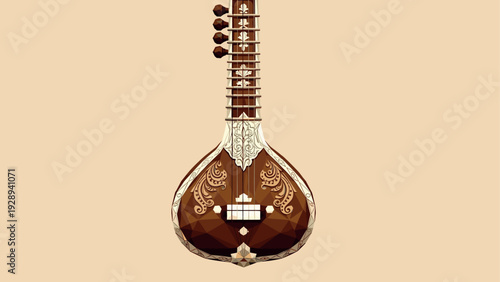 classical string sitar instrument with detailed decorative elements hand drawn vector illustration