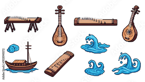 set of hand drawn traditional stringed musical instruments wooden boat and water waves in pixel art style