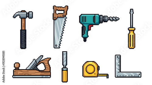 pixel art style set of eight hand drawn construction tools including hammer saw drill screwdriver plane chisel tape measure and square